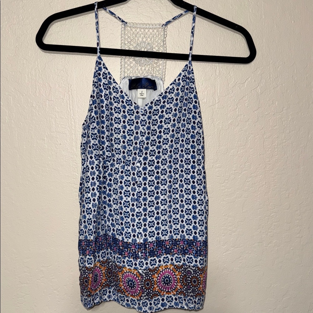Blue Rain Francescas Blue White Geometric Lace Back Camisole Tank Top Small‎